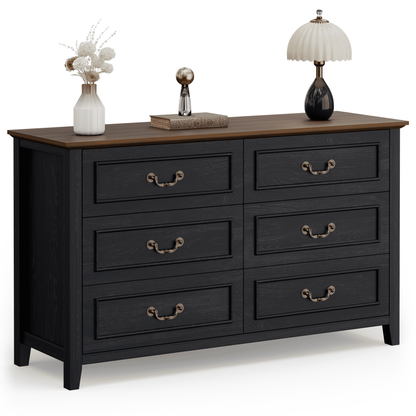 LainTene Farmhouse 6-Drawer Dresser - Rustic Black Wood Dresser with Antique Bronze Handles, Vintage Storage Chest for Bedroom, Living Room & Entryway