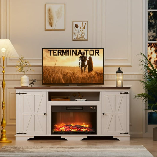LainTene Farmhouse Electric Fireplace TV Stand for 65 Inch TVs – Rustic Beige Entertainment Center with Adjustable Flame, Storage Cabinets & Barn Door Design, 1400W Heater, White