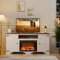 LainTene Farmhouse Electric Fireplace TV Stand for 65 Inch TVs – Rustic Beige Entertainment Center with Adjustable Flame, Storage Cabinets & Barn Door Design, 1400W Heater, White