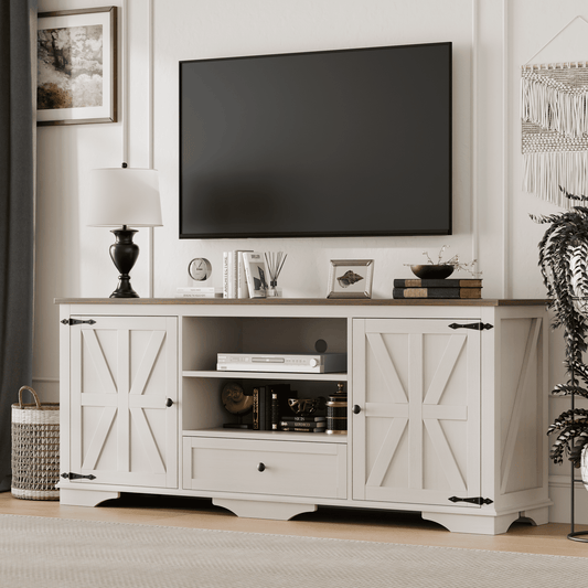 Laintene TV Stand up to 65" TVs, Farmhouse Barn Door Entertainment Center with Adjustable Shelves & Storage Cabinets, Solid Wood Media Console for Living Room, White