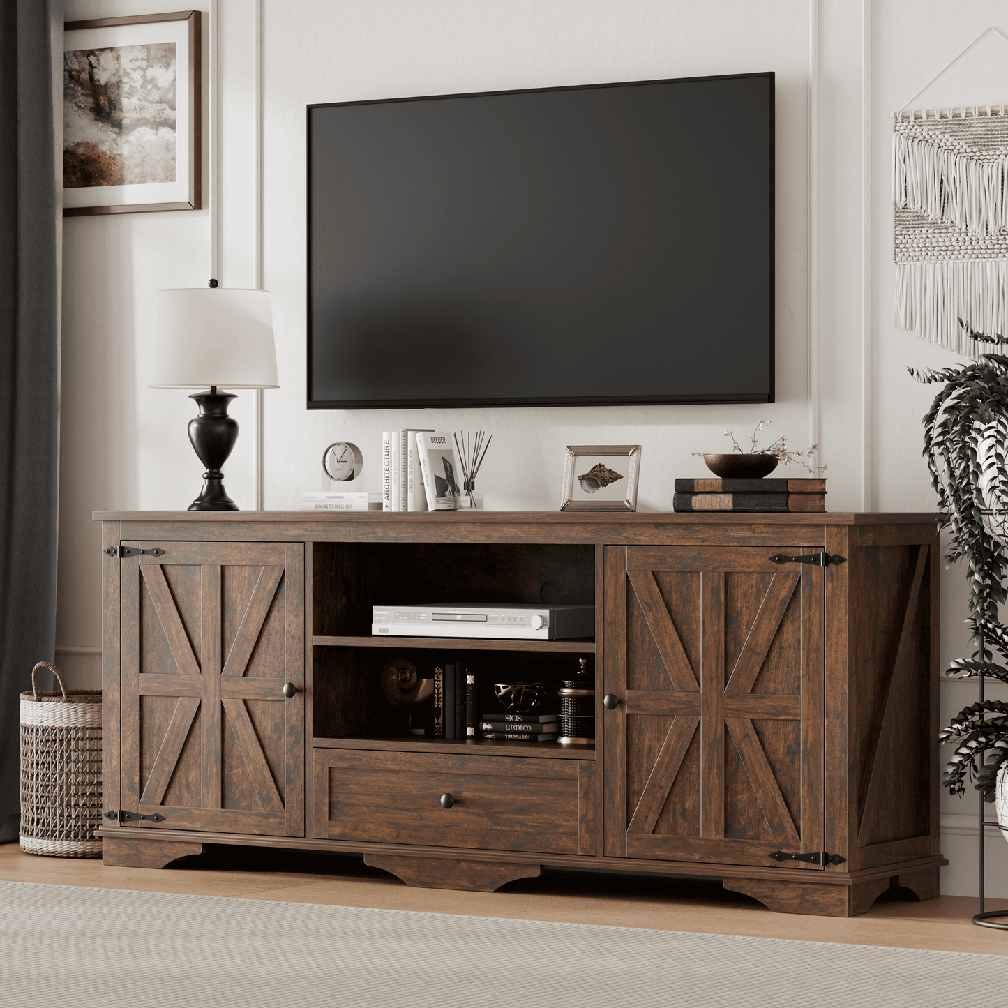 Laintene TV Stand up to 65" TVs, Farmhouse Barn Door Entertainment Center with Adjustable Shelves & Storage Cabinets, Solid Wood Media Console for Living Room, Brown