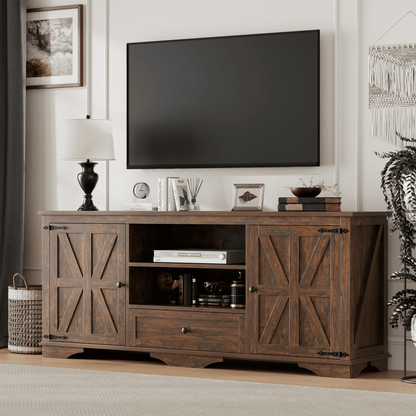 Laintene TV Stand up to 65" TVs, Farmhouse Barn Door Entertainment Center with Adjustable Shelves & Storage Cabinets, Solid Wood Media Console for Living Room, Brown