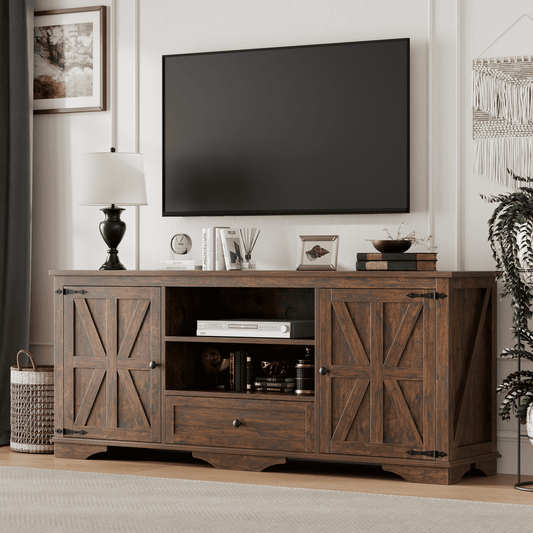 Laintene TV Stand up to 65" TVs, Farmhouse Barn Door Entertainment Center with Adjustable Shelves & Storage Cabinets, Solid Wood Media Console for Living Room, Brown