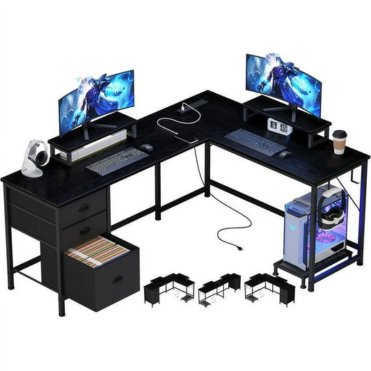 LainTene L-Shaped Desk with 3 Drawers & Power Outlets – Reversible Corner Computer Desk for Home Office, Gaming Desk with Storage Shelves, Monitor Stand & USB Charging Ports, Black