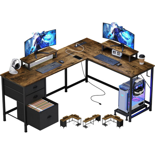 LainTene L-Shaped Desk with 3 Drawers & Power Outlets – Reversible Corner Computer Desk for Home Office, Gaming Desk with Storage Shelves, Monitor Stand & USB Charging Ports, Brown