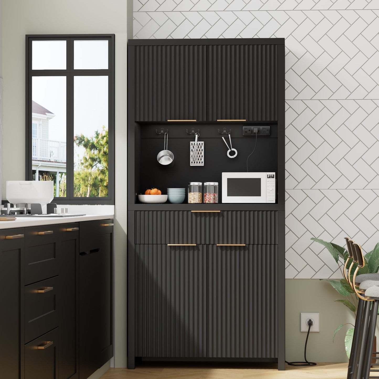 Laintene Pantry Storage Cabinet with Charging Station, Tall Kitchen Pantry with Microwave Shelves, Fluted Storage Cabinet with Open Countertop and Drawer for Dining Living Room, Black