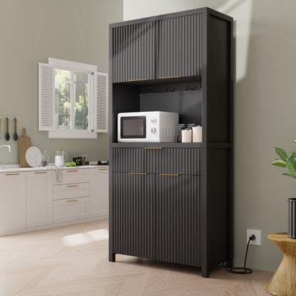 Laintene Pantry Storage Cabinet with Charging Station, Tall Kitchen Pantry with Microwave Shelves, Fluted Storage Cabinet with Open Countertop and Drawer for Dining Living Room, Black