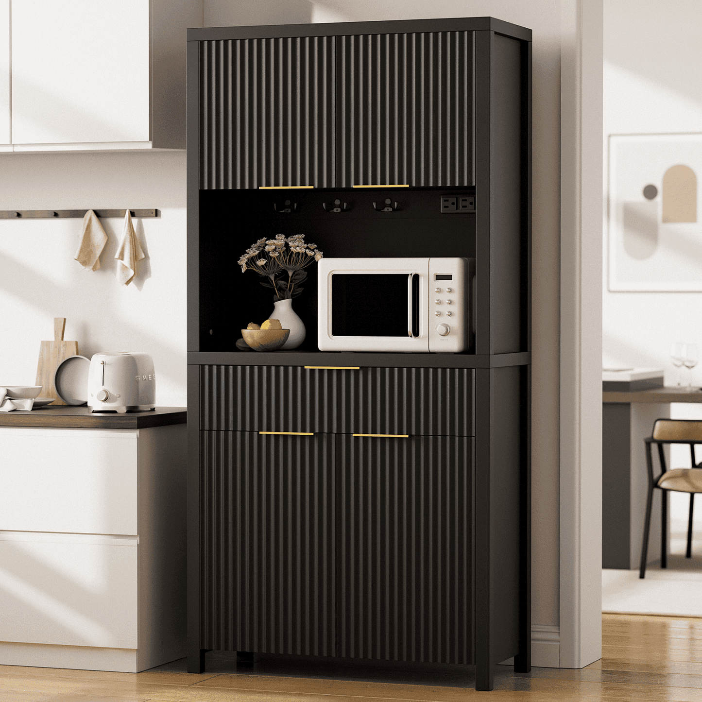 Laintene Pantry Storage Cabinet with Charging Station, Tall Kitchen Pantry with Microwave Shelves, Fluted Storage Cabinet with Open Countertop and Drawer for Dining Living Room, Black