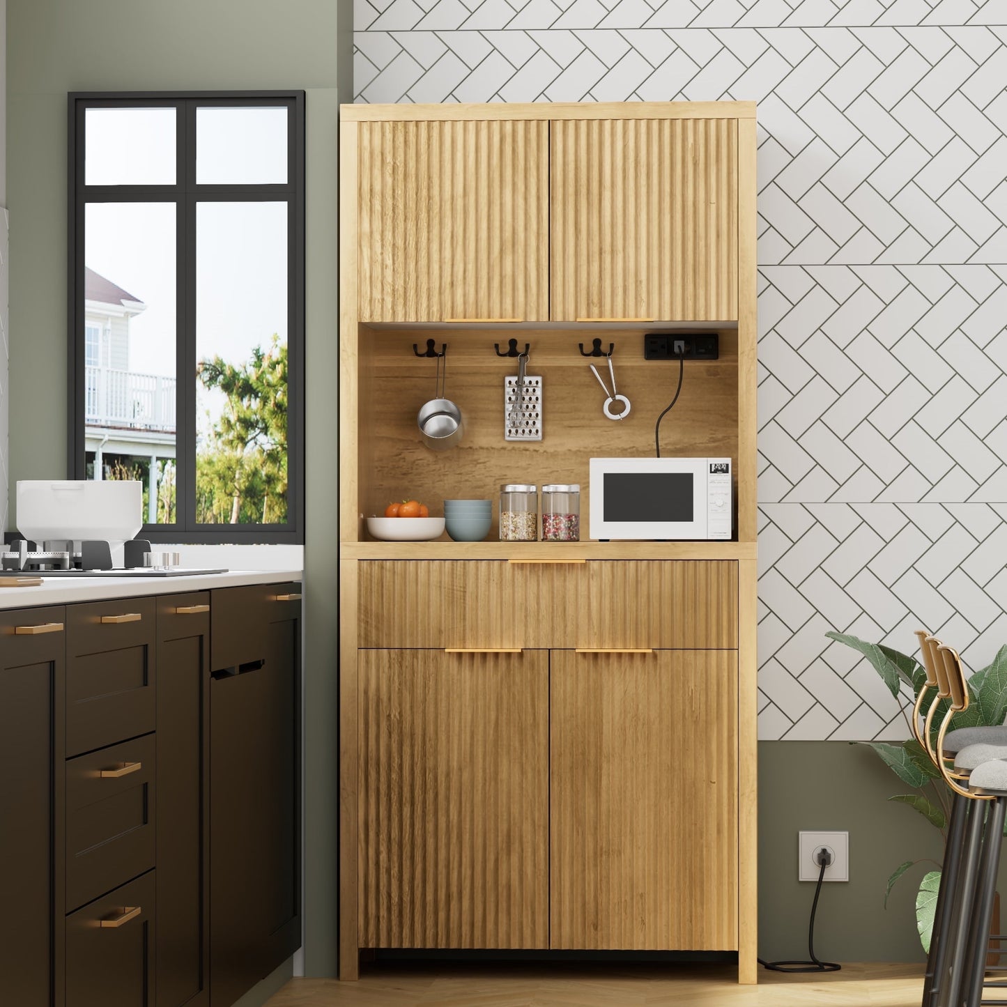 Laintene Fluted Cabinet Set - 70.8"H Pantry with Power Outlet, 55" L Sideboard with Storage Drawers, Adjustable Shelves Storage, Natural Oak
