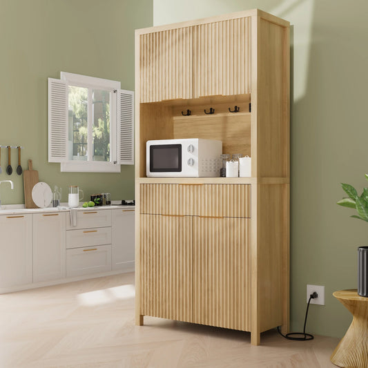 Laintene Pantry Cabinet with Charging Station & Drawer, Fluted Storage Cabinet with Adjustable Shelves and Open Countertop for Dining Living Room, Natural Oak