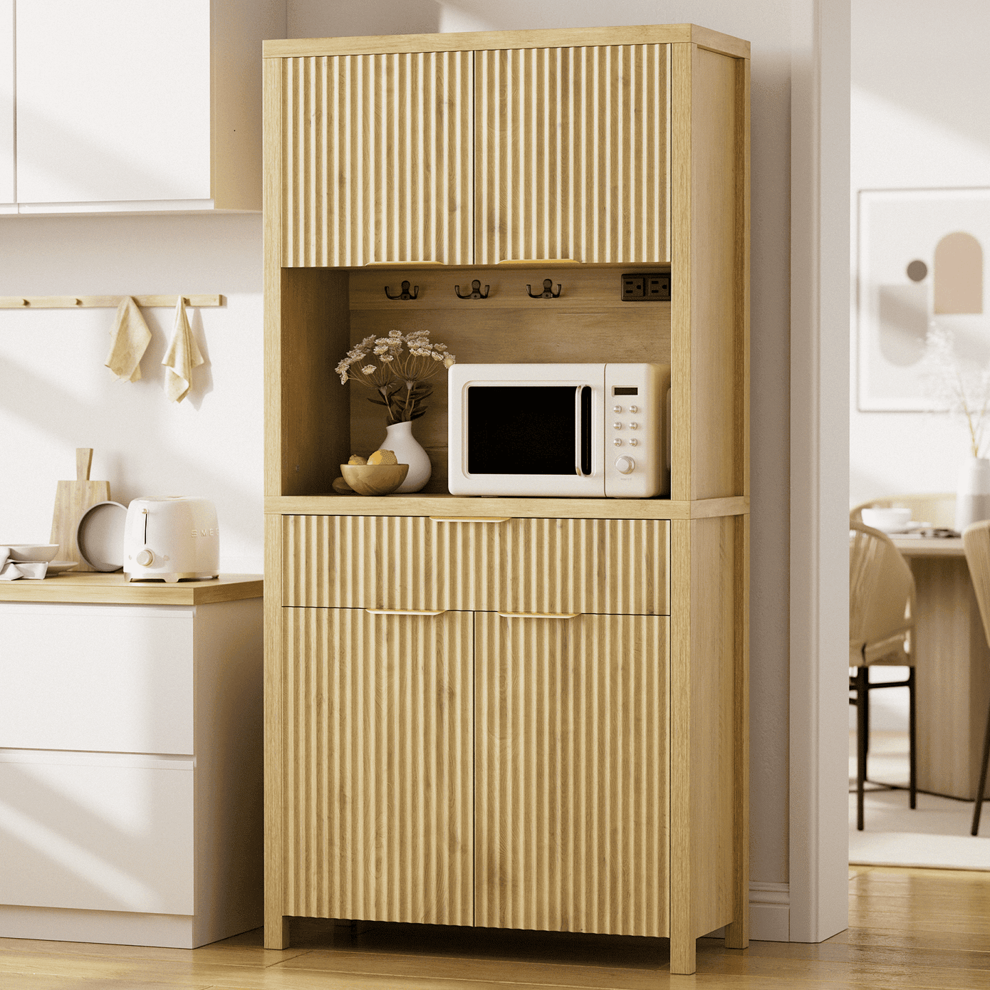 Laintene Pantry Storage Cabinet with Charging Station, Tall Kitchen Pantry with Microwave Shelves, Fluted Storage Cabinet with Open Countertop and Drawer for Dining Living Room, Natural Oak