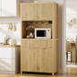 Laintene Pantry Storage Cabinet with Charging Station, Tall Kitchen Pantry with Microwave Shelves, Fluted Storage Cabinet with Open Countertop and Drawer for Dining Living Room, Natural Oak