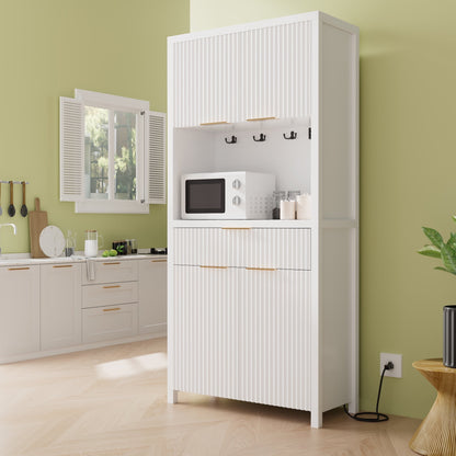 Laintene Pantry Storage Cabinet with Charging Station, Tall Kitchen Pantry with Microwave Shelves, Fluted Storage Cabinet with Open Countertop and Drawer for Dining Living Room, White