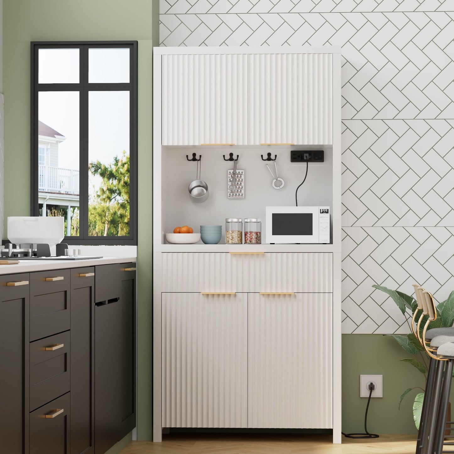 Laintene Pantry Storage Cabinet with Charging Station, Tall Kitchen Pantry with Microwave Shelves, Fluted Storage Cabinet with Open Countertop and Drawer for Dining Living Room, White