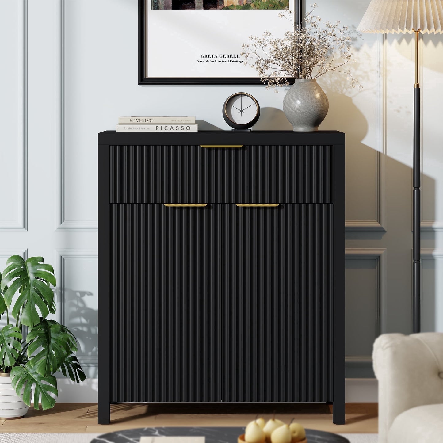 Laintene Sideboard Buffet Cabinet with Storage Drawer, Fluted Storage Cabinet with Adjustable Shelf for Dining Living Room, Entryway, Black