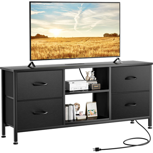 TV Stand for Bedroom, Television Stand for TV up to 50 Inch Entertainment Center Dresser with 4 Drawers Open Storage Shelves for Living Room, Entryway,Black PU