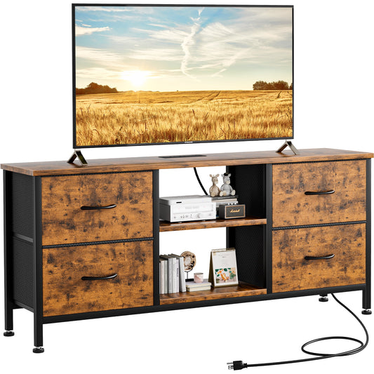 TV Stand for Bedroom, Television Stand for TV up to 50 Inch Entertainment Center Dresser with 4 Drawers Open Storage Shelves for Living Room, Entryway, Brown