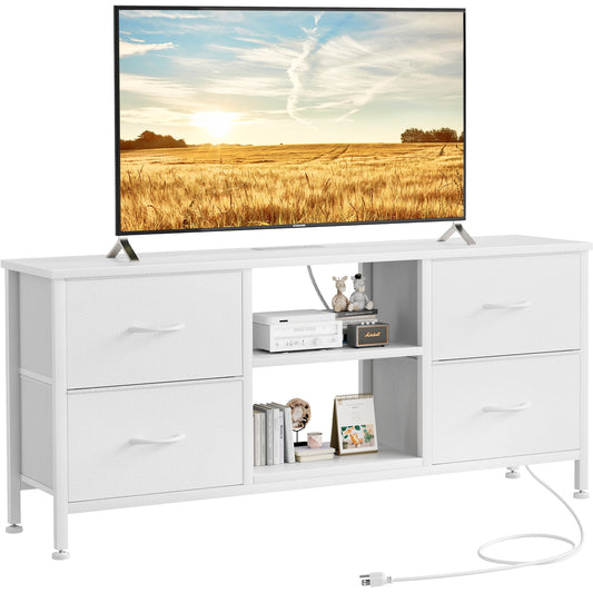 TV Stand for Bedroom, Television Stand for TV up to 50 Inch Entertainment Center Dresser with 4 Drawers Open Storage Shelves for Living Room, Entryway, White