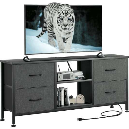 TV Stand for Bedroom, Television Stand for TV up to 50 Inch Entertainment Center Dresser with 4 Drawers Open Storage Shelves for Living Room, Entryway, Grey