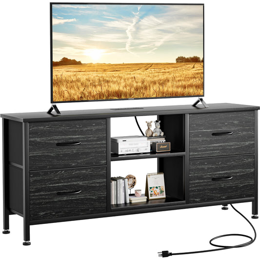 TV Stand for Bedroom, Television Stand for TV up to 50 Inch Entertainment Center Dresser with 4 Drawers Open Storage Shelves for Living Room, Entryway, Black