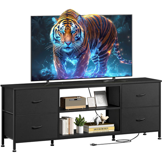 TV Stand for Bedroom, Television Stand for TV up to 60 Inch Entertainment Center Dresser with 4 Drawers Open Storage Shelves for Living Room, Entryway, Black PU