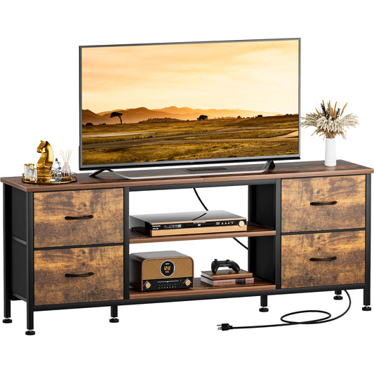 TV Stand for Bedroom, Television Stand for TV up to 60 Inch Entertainment Center Dresser with 4 Drawers Open Storage Shelves for Living Room, Entryway, Brown
