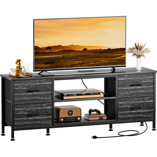 TV Stand for Bedroom, Television Stand for TV up to 60 Inch Entertainment Center Dresser with 4 Drawers Open Storage Shelves for Living Room, Entryway, Black
