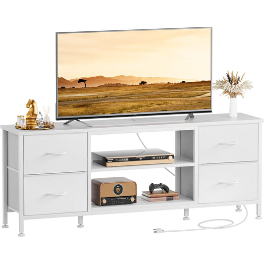 TV Stand for Bedroom, Television Stand for TV up to 60 Inch Entertainment Center Dresser with 4 Drawers Open Storage Shelves for Living Room, Entryway, White