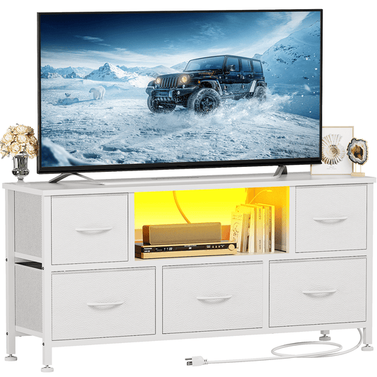 TV Stand Dresser with Power Outlets and LED Lights, 5 Drawer Console for 50 Inch TV, Dresser for Bedroom, Closet, Hallway