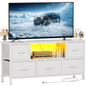TV Stand Dresser with Power Outlets and LED Lights, 5 Drawer Console for 50 Inch TV, Dresser for Bedroom, Closet, Hallway
