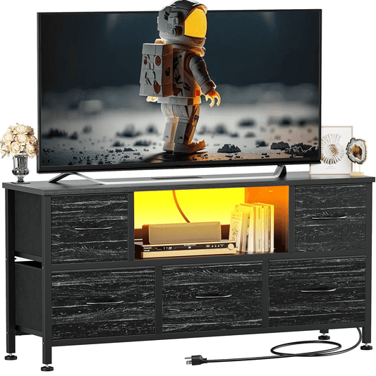 TV Stand Dresser with Power Outlets and LED Lights, 5 Drawer Console for 50 Inch TV, Dresser for Bedroom, Closet, Hallway