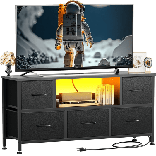 TV Stand Dresser with Power Outlets and LED Lights, 5 Drawer Console for 50 Inch TV, Dresser for Bedroom, Closet, Hallway