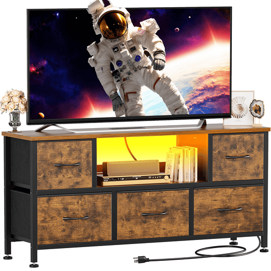 TV Stand Dresser with Power Outlets and LED Lights, 5 Drawer Console for 50 Inch TV, Dresser for Bedroom, Closet, Hallway