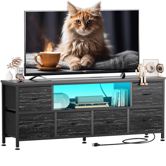 TV Stand Dresser with Power Outlets and LED Lights, 6 Drawer Console for 60 Inch TV, Dresser for Bedroom, Closet, Hallway
