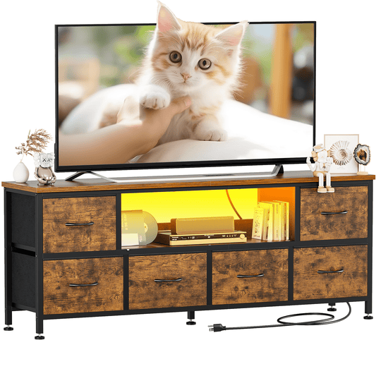 TV Stand Dresser with Power Outlets and LED Lights, 6 Drawer Console for 60 Inch TV, Dresser for Bedroom, Closet, Hallway