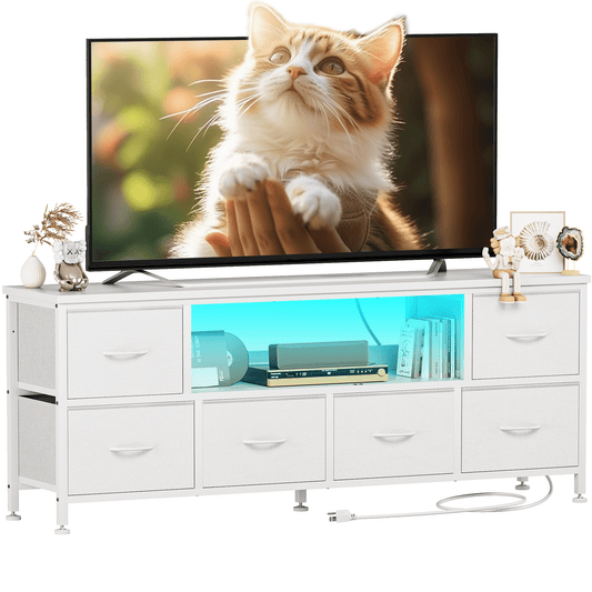 TV Stand Dresser with Power Outlets and LED Lights, 6 Drawer Console for 60 Inch TV, Dresser for Bedroom, Closet, Hallway