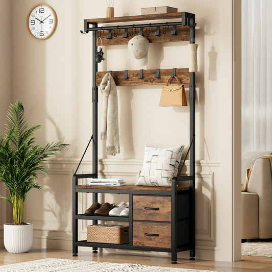Laintene Hall Tree with Bench - 6-in-1 Industrial 31.5" Entryway Organizer, 17 Adjustable Hooks & 2 Drawers, Hanging Rod & Top Shelf, 300lb Weight Capacity for Hallway and Living Room, Rustic Brown