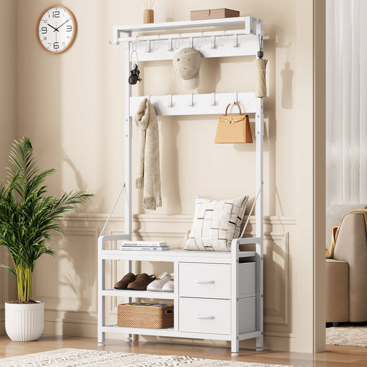 Laintene Hall Tree with Bench - 6-in-1 Industrial 31.5" Entryway Organizer, 17 Adjustable Hooks & 2 Drawers, Hanging Rod & Top Shelf, 300lb Weight Capacity for Hallway and Living Room, White