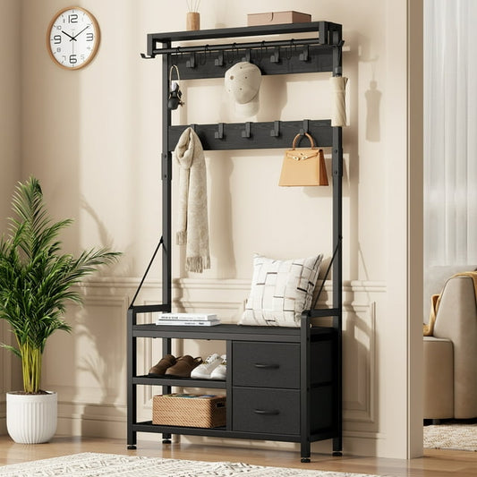 Laintene Hall Tree with Bench - 6-in-1 Industrial 31.5" Entryway Organizer, 17 Adjustable Hooks & 2 Drawers, Hanging Rod & Top Shelf, 300lb Weight Capacity for Hallway and Living Room, Black