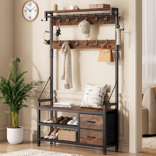 Laintene Hall Tree with Bench - 6-in-1 Wider 39.4" Entryway Organizer, 24 Adjustable Hooks & 2 Drawers, Hanging Rod & Top Shelf, 300lb Weight Capacity for Hallway and Living Room, Rustic Brown