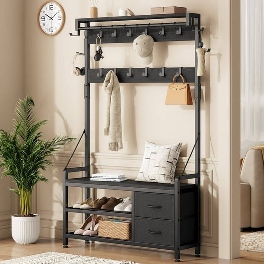 Laintene Hall Tree with Bench - 6-in-1 Wider 39.4" Entryway Organizer, 24 Adjustable Hooks & 2 Drawers, Hanging Rod & Top Shelf, 300lb Weight Capacity for Hallway and Living Room, Black