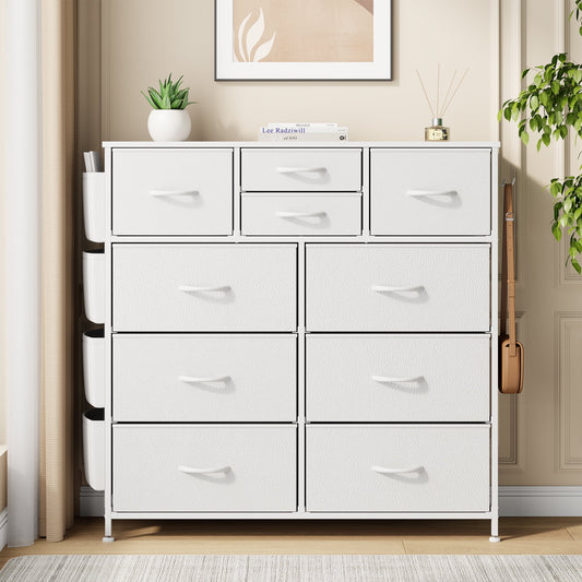 White Dresser for Bedroom,10 Drawer Dresser Wide Chest Of Drawers, Fabric Storage Dresser With Wood Top for Living Room, Bedroom, Hallway, White