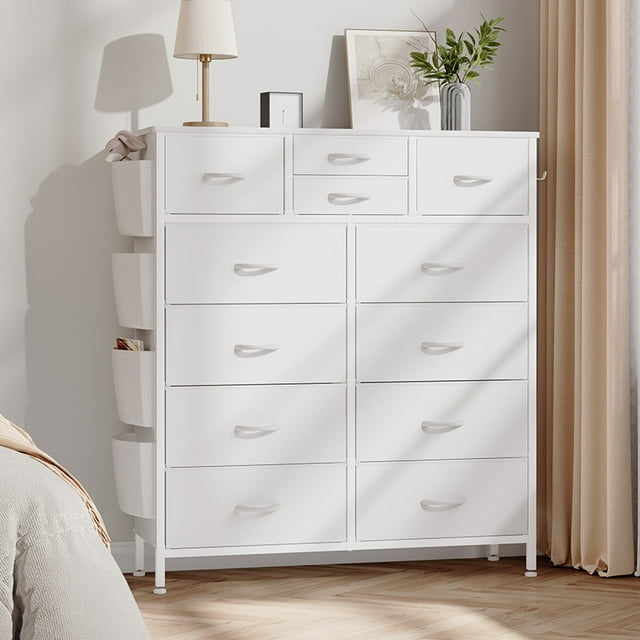 White Dresser for Bedroom,12 Drawer Dresser Wide Chest Of Drawers, Fabric Storage Dresser With Wood Top for Living Room, Bedroom, Hallway