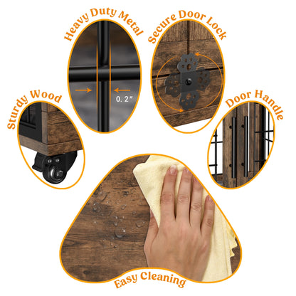 Laintene Dog Crate Furniture, Dog Kennels for Inside with Pads and Wheels, Heavy Duty Pet House for Medium to Large Dogs, Browm