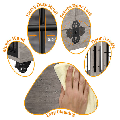 LainTene Wooden Dog Crate Furniture, Double Doors Dog Kennels for Inside with Pads and Wheels, Heavy Duty Dog Cage for Small Dogs, Gray
