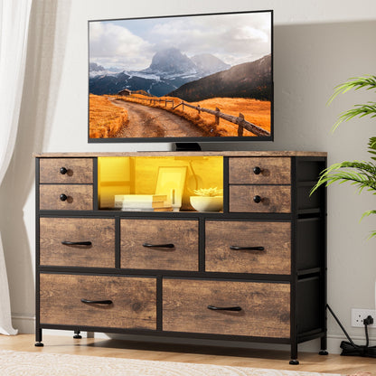 Laintene Bedroom Dresser with LED Lights, 9-Drawer Fabric Chest of Drawers, Dresser TV Stand with Power Outlet and Side Pocket, Wide Storage Unit for up to 50" TV, Brown
