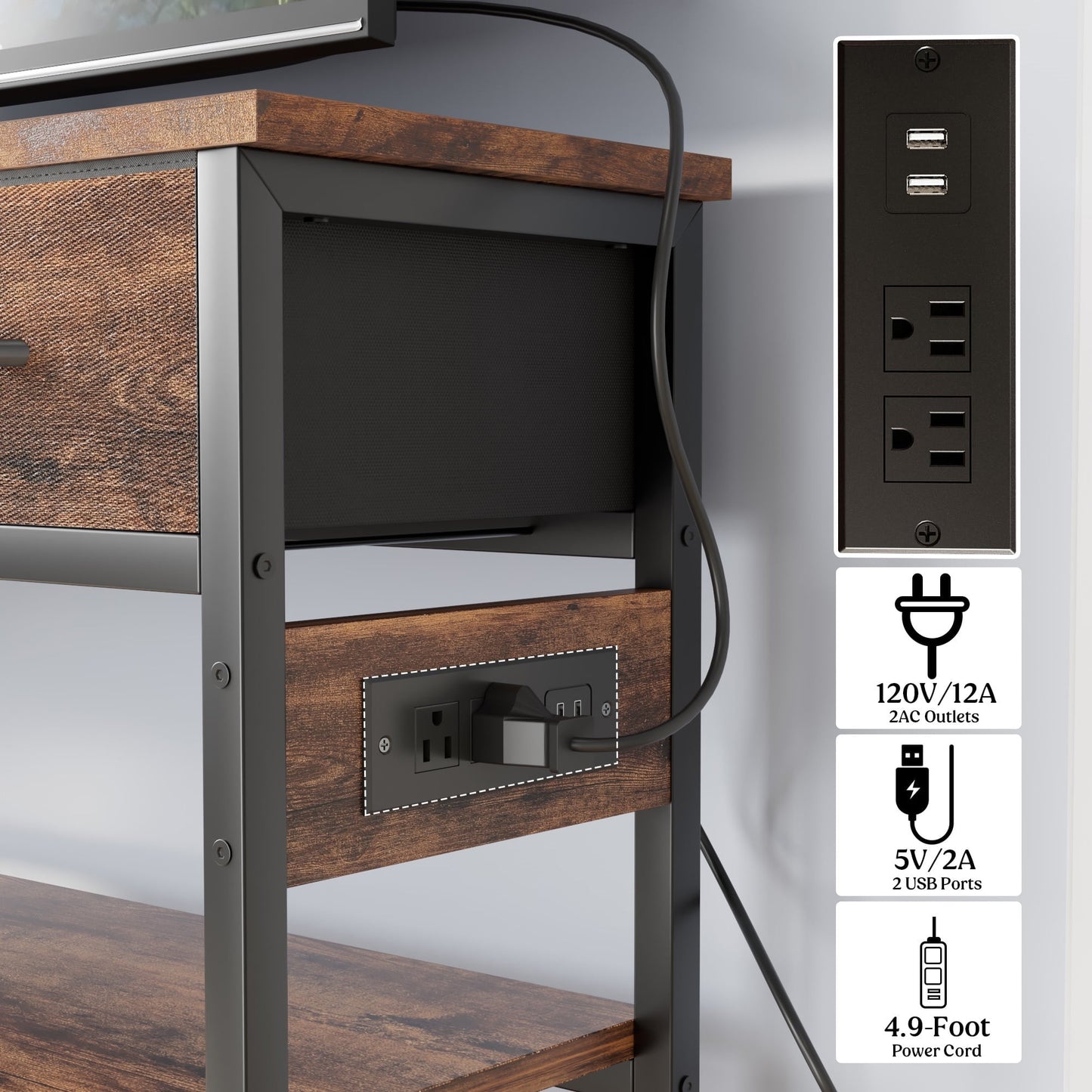Valu4me 43.3" Console Table with Power Outlets & USB Ports, Narrow Sofa Table with 3 Fabric Drawers for Hallway, Foyer, Living Room, Rustic Brown
