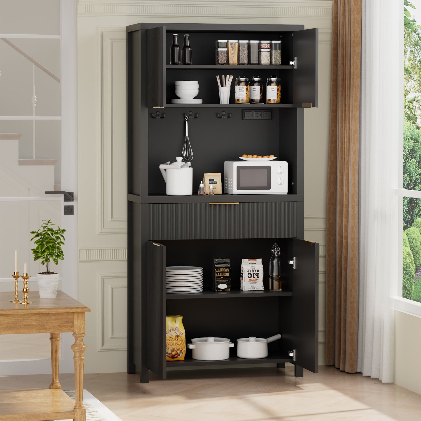 Laintene Pantry Storage Cabinet with Charging Station, Tall Kitchen Pantry with Microwave Shelves, Fluted Storage Cabinet with Open Countertop and Drawer for Dining Living Room, Black