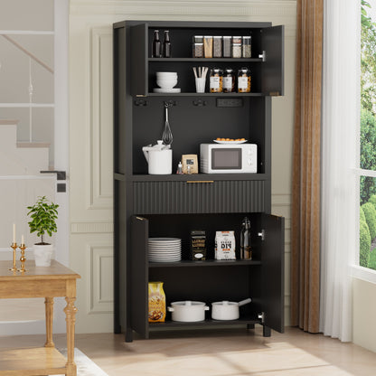 Laintene Pantry Storage Cabinet with Charging Station, Tall Kitchen Pantry with Microwave Shelves, Fluted Storage Cabinet with Open Countertop and Drawer for Dining Living Room, Black