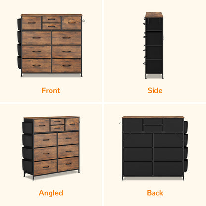 Dresser for Bedroom, Storage Organizer with 10 Drawers, Chest of Drawers with Fabric Bins, Sturdy Metal Frame, Wood Tabletop for Guest Room, Closet, Entryway,Brown